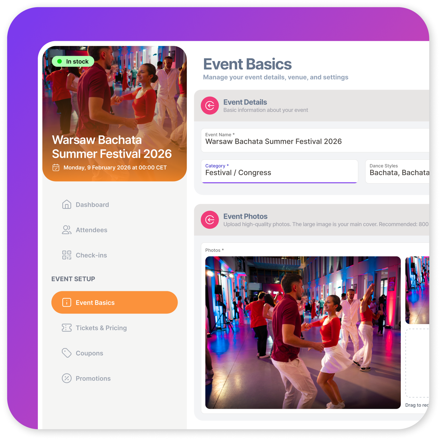 Event creation dashboard showing intuitive interface for setting up dance events