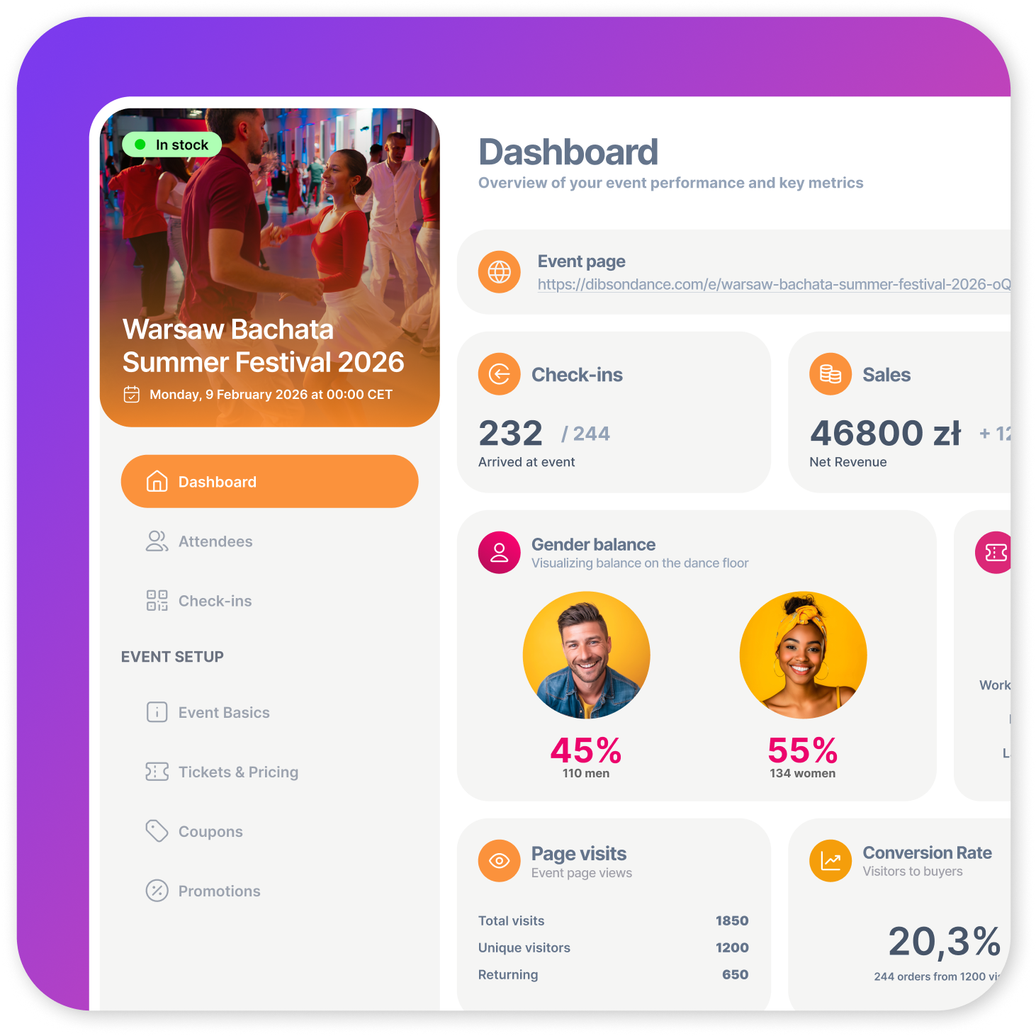 Event creation dashboard showing intuitive interface for setting up dance events